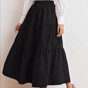 SHEIN Black Elastic Waist Tiered Hem Midi Skirt, Size L (8/10)